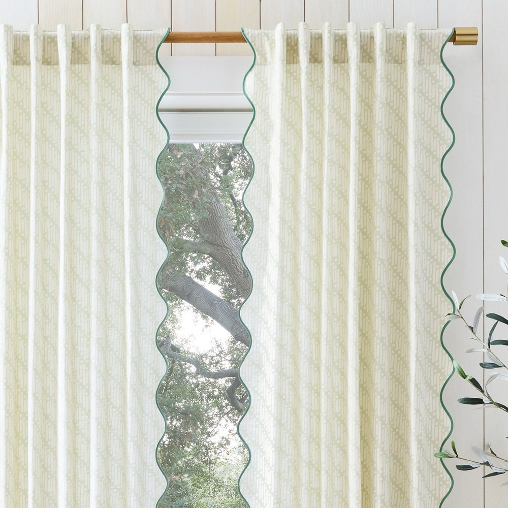 West Elm Batik Scallop Edge Light Green Cotton Curtain set of 2 panels 48 by 96